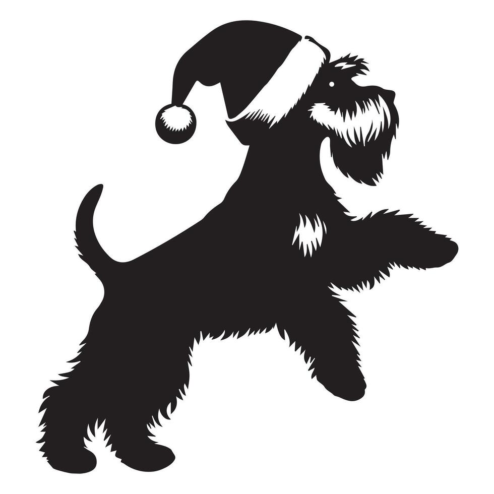 A Miniature Schnauzer playing wearing a Santa hat illustration in black and white vector