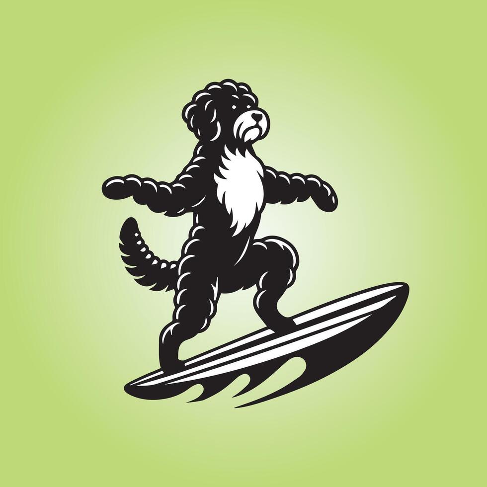 Dog playing surfboards - Portuguese Water Dog Surfing illustration vector