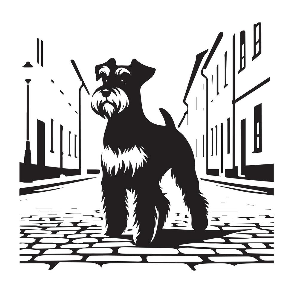 illustration of a Miniature Schnauzer Walking down a quaint in black and white vector