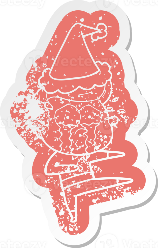 quirky cartoon distressed sticker of a crying dancer wearing santa hat png