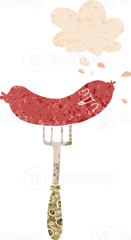 cartoon happy sausage on fork with thought bubble in grunge distressed retro textured style png