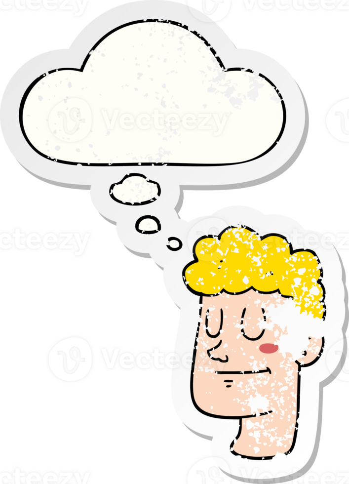 cartoon male face with thought bubble as a distressed worn sticker png