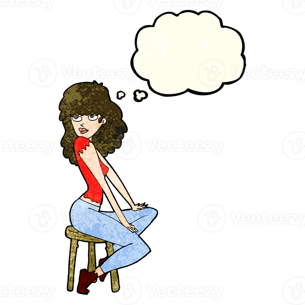 caricatura, mujer, llamativo, postura, con, burbuja del pensamiento png