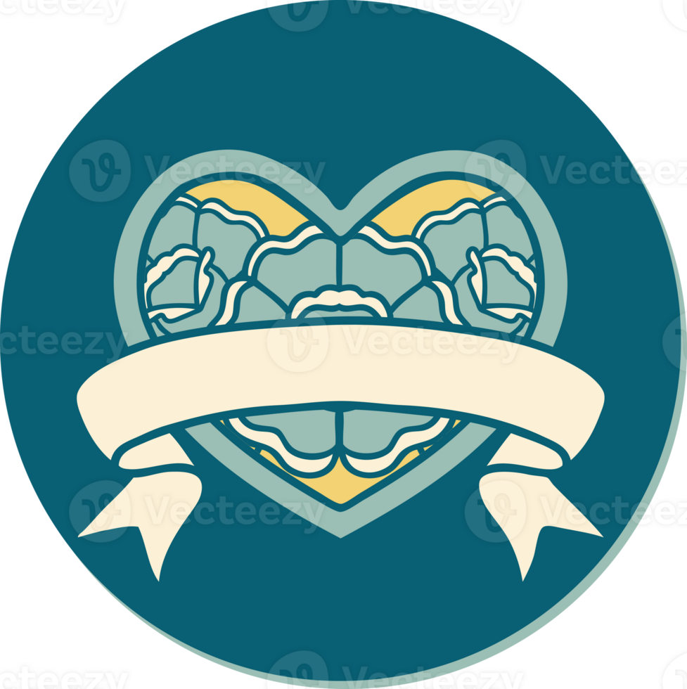 sticker of tattoo in traditional style of a heart and banner with flowers png