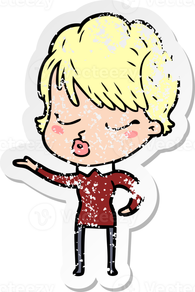distressed sticker of a cartoon woman with eyes shut png