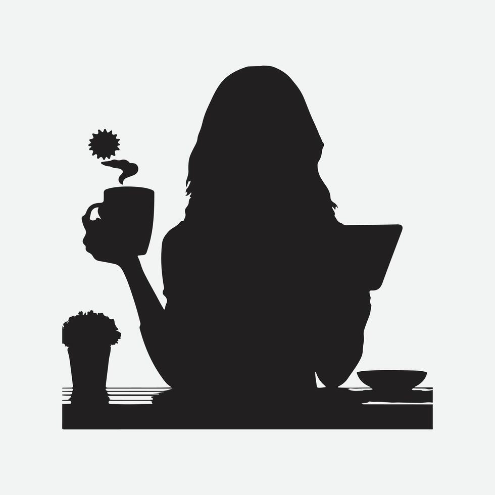 Enigmatic Elegance, A Girl's Contemplation with a Tablet Silhouette vector