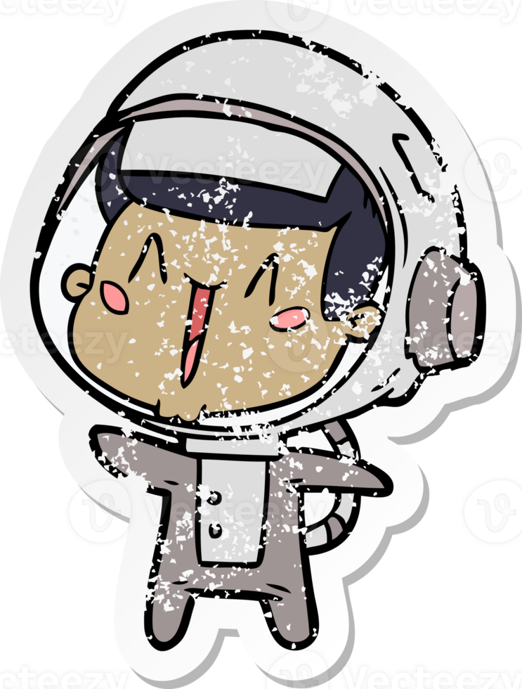 distressed sticker of a happy cartoon astronaut png