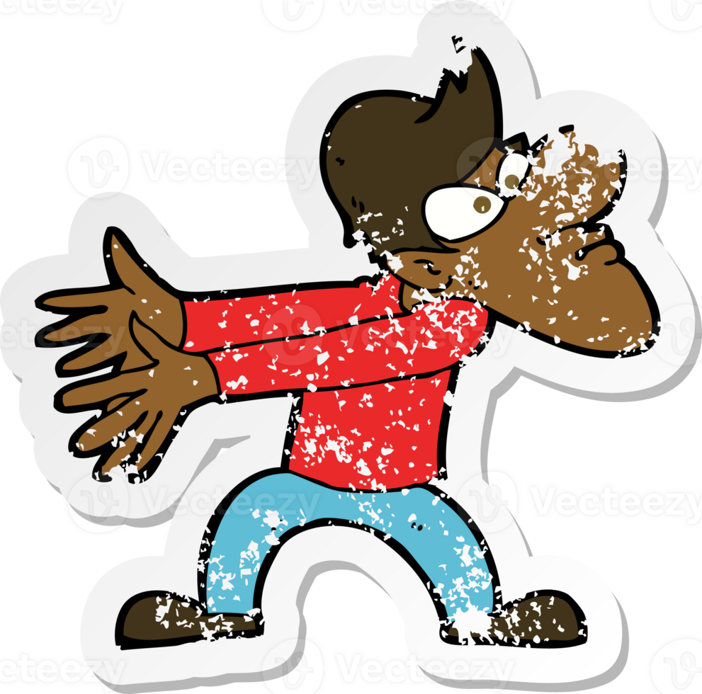 retro distressed sticker of a cartoon annoyed man gesturing png