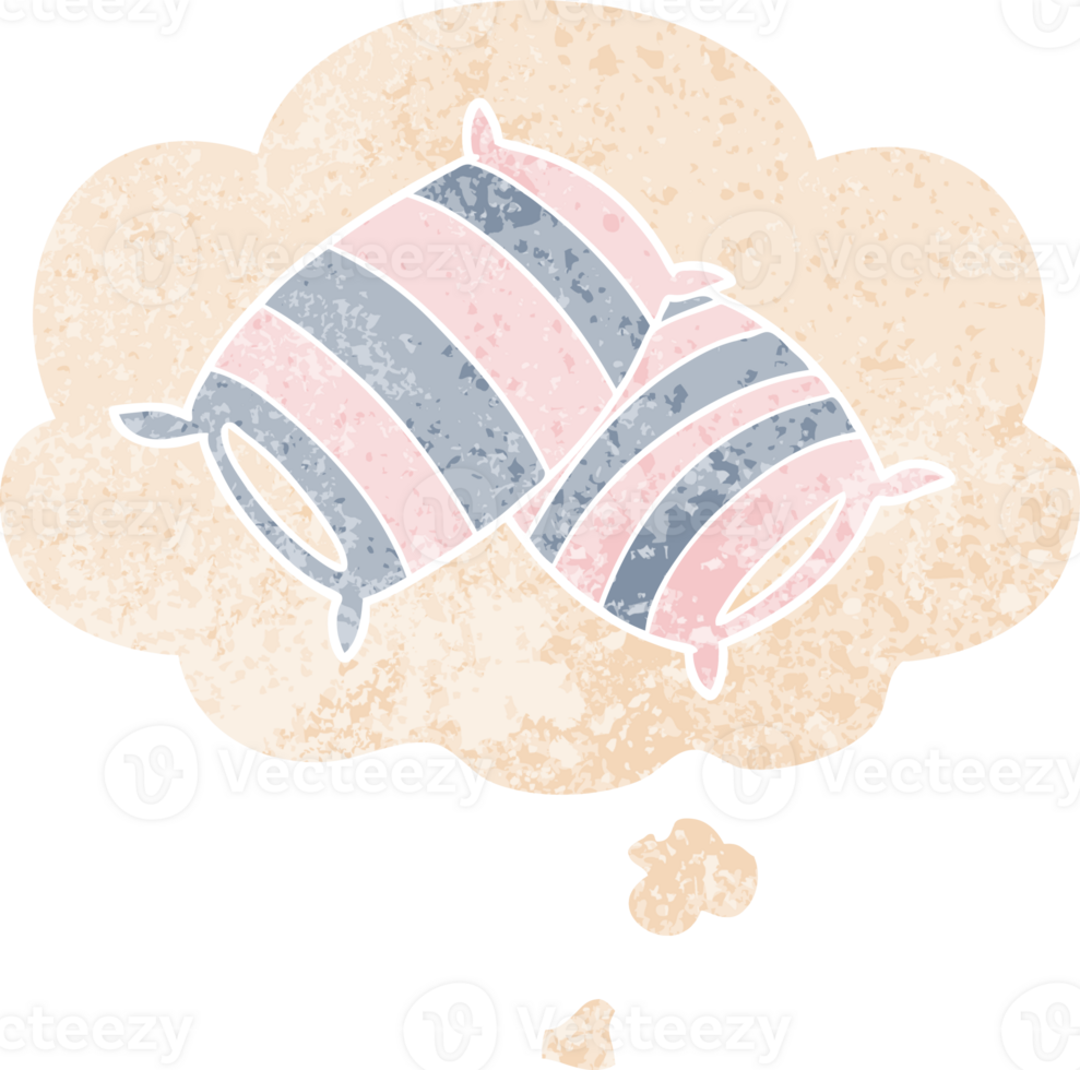 cartoon pillows with thought bubble in grunge distressed retro textured style png