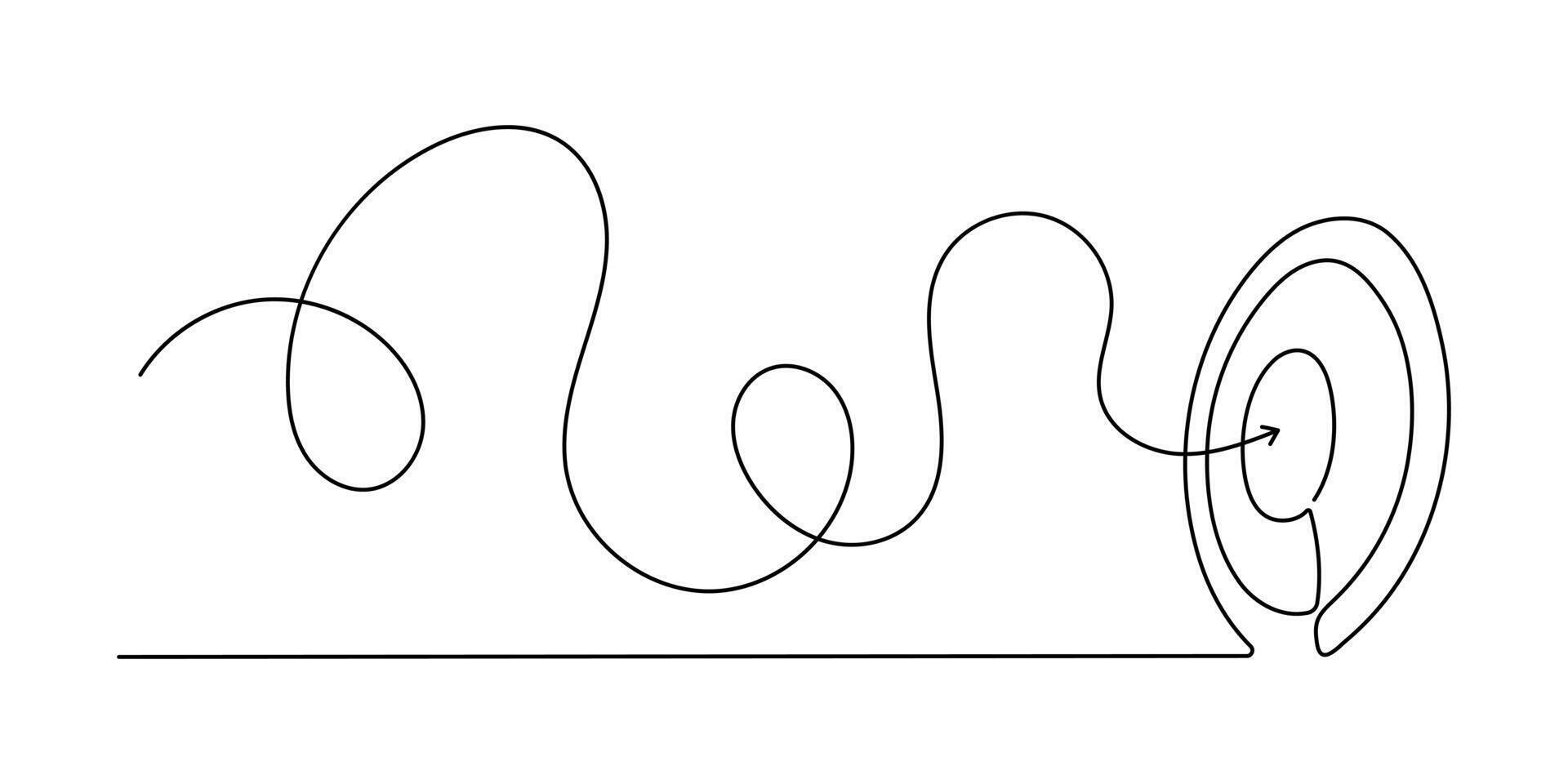 A target with an arrow is a solid line drawing with one line. Side drawn linear meta circle. illustration isolated on white. vector