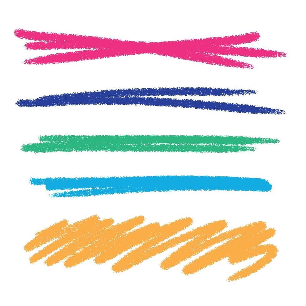 mano dibujado de colores lápiz líneas y garabatos conjunto en un blanco antecedentes. horizontal Derecho golpes y golpes recopilación. elementos de subrayando y destacando vector