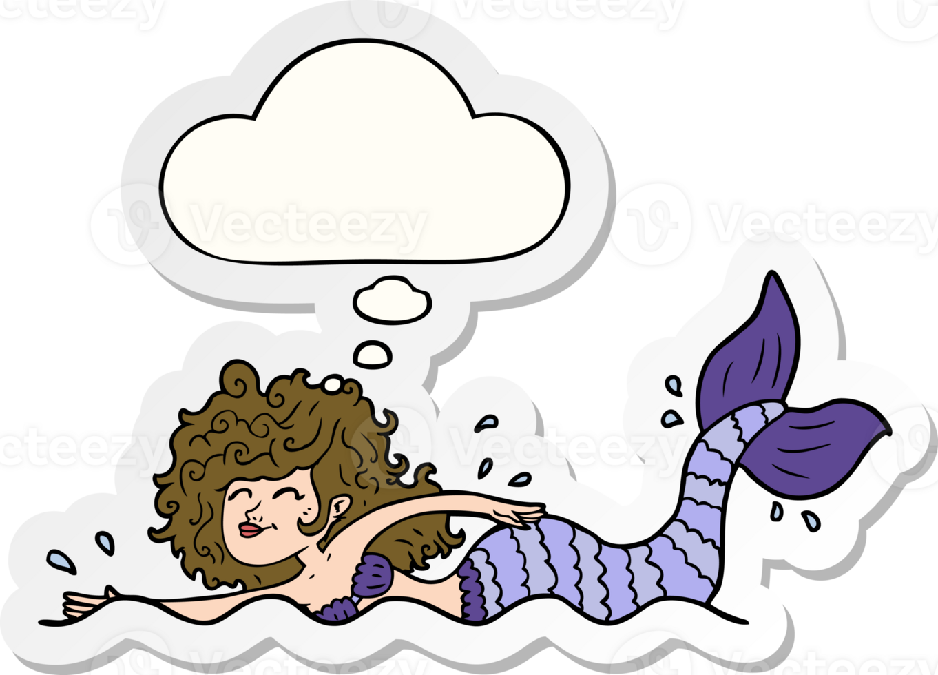 cartoon mermaid with thought bubble as a printed sticker png