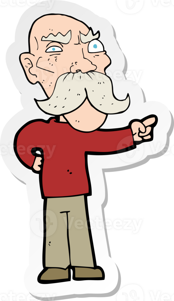 sticker of a cartoon annoyed old man pointing png