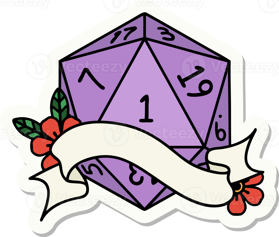 sticker of a natural one d20 dice roll png