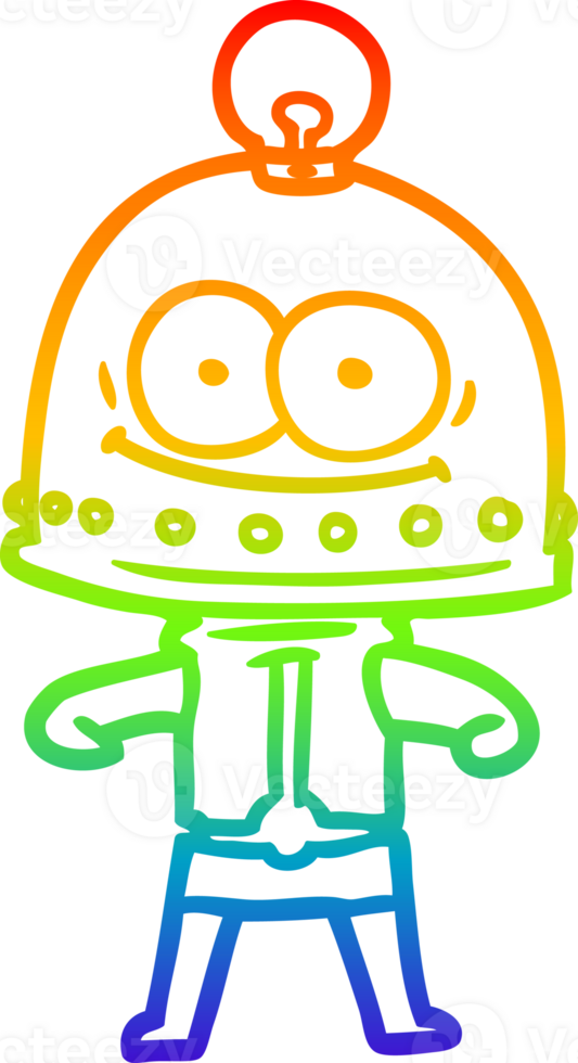 rainbow gradient line drawing of a happy carton robot with light bulb png