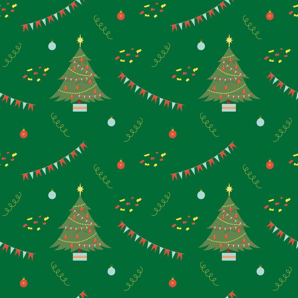 Christmas seamless colorful pattern with cute tree and decorations, with changeable background color. flat illustration vector