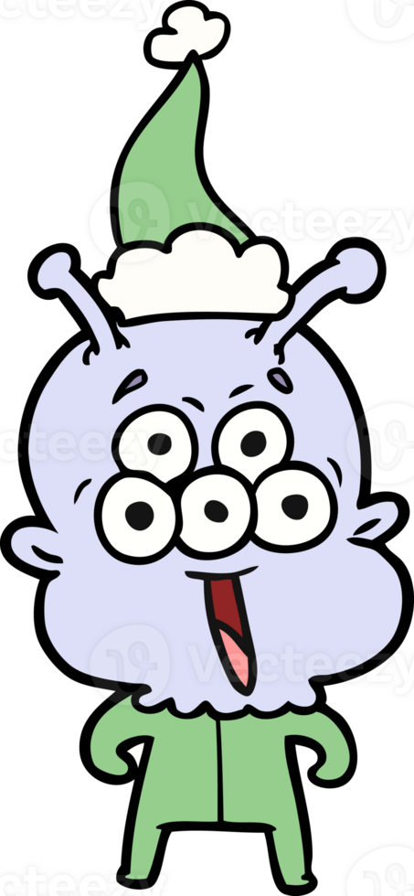 happy hand drawn line drawing of a alien wearing santa hat png