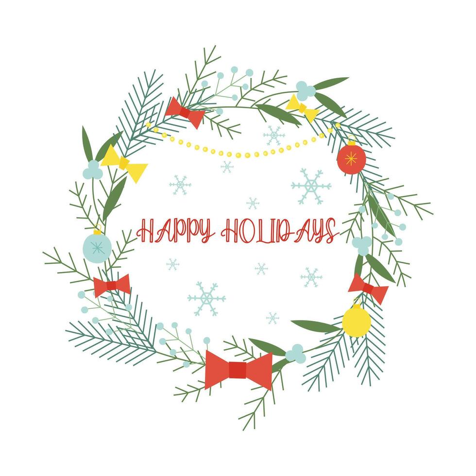 Christmas wreath with fir branches, christmas balls and omela. flat illustration for print, design and greeting cards vector
