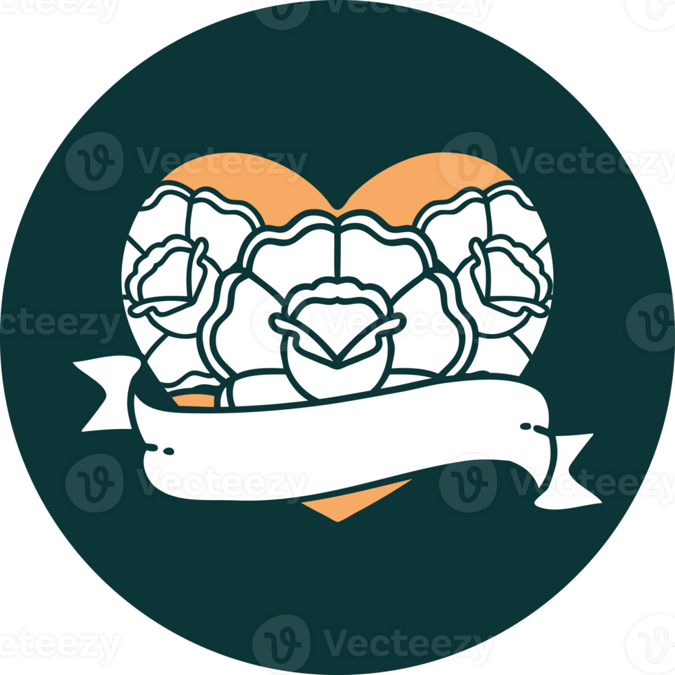 iconic tattoo style image of a heart and banner with flowers png