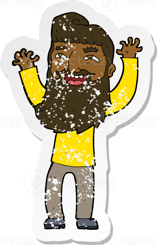 retro distressed sticker of a cartoon happy bearded man waving arms png