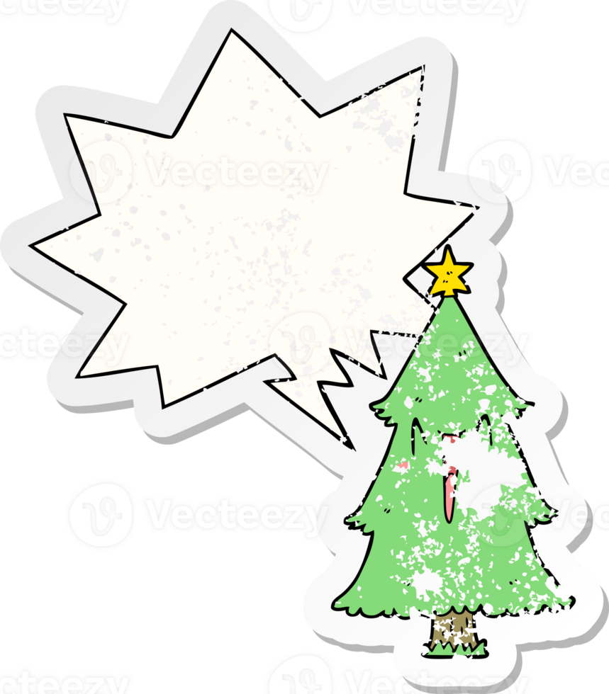 cartoon christmas tree with speech bubble distressed distressed old sticker png