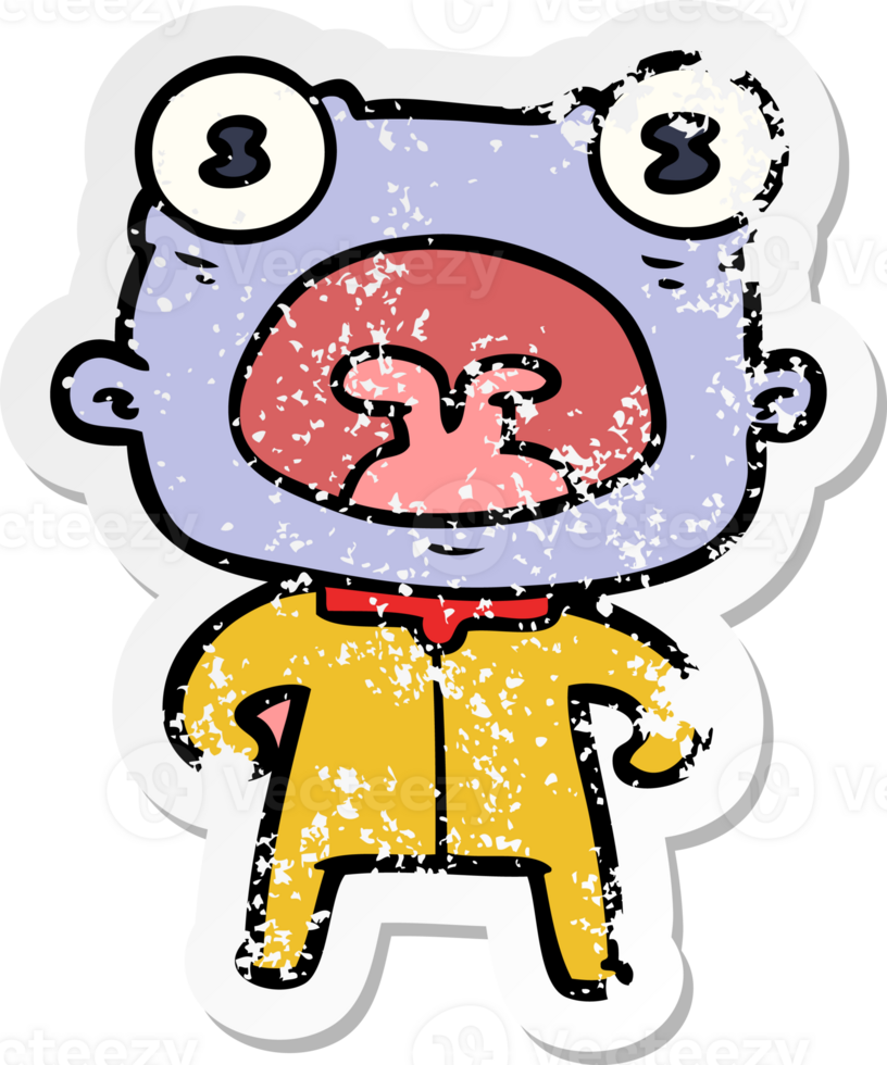 distressed sticker of a cartoon weird alien shouting png