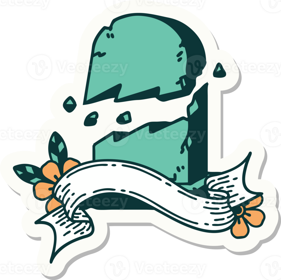 tattoo style sticker with banner of a broken grave stone png