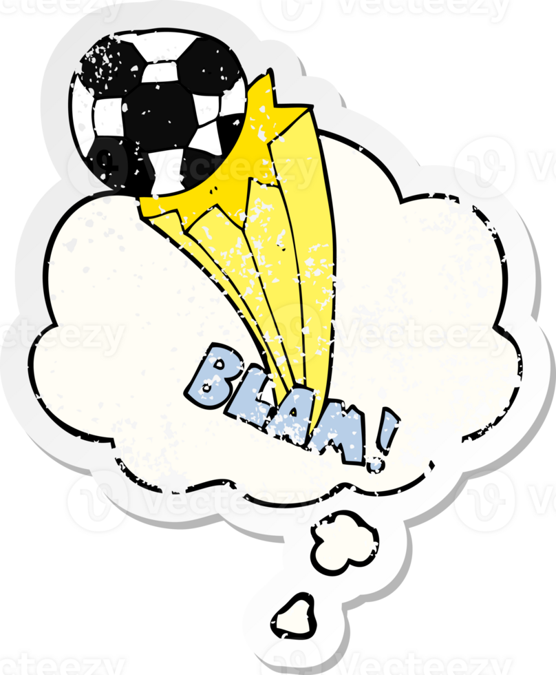 cartoon kicked soccer ball with thought bubble as a distressed worn sticker png