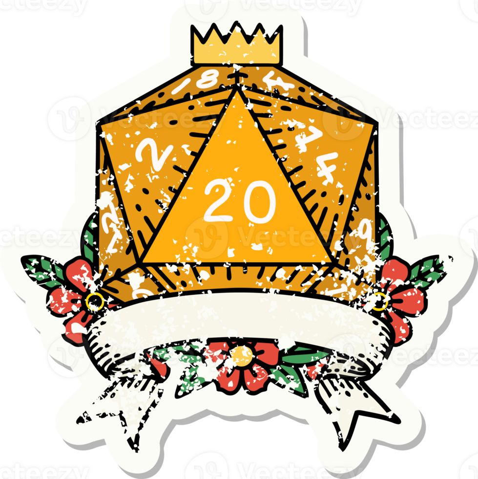 grunge sticker of a natural 20 critical hit D20 dice roll png