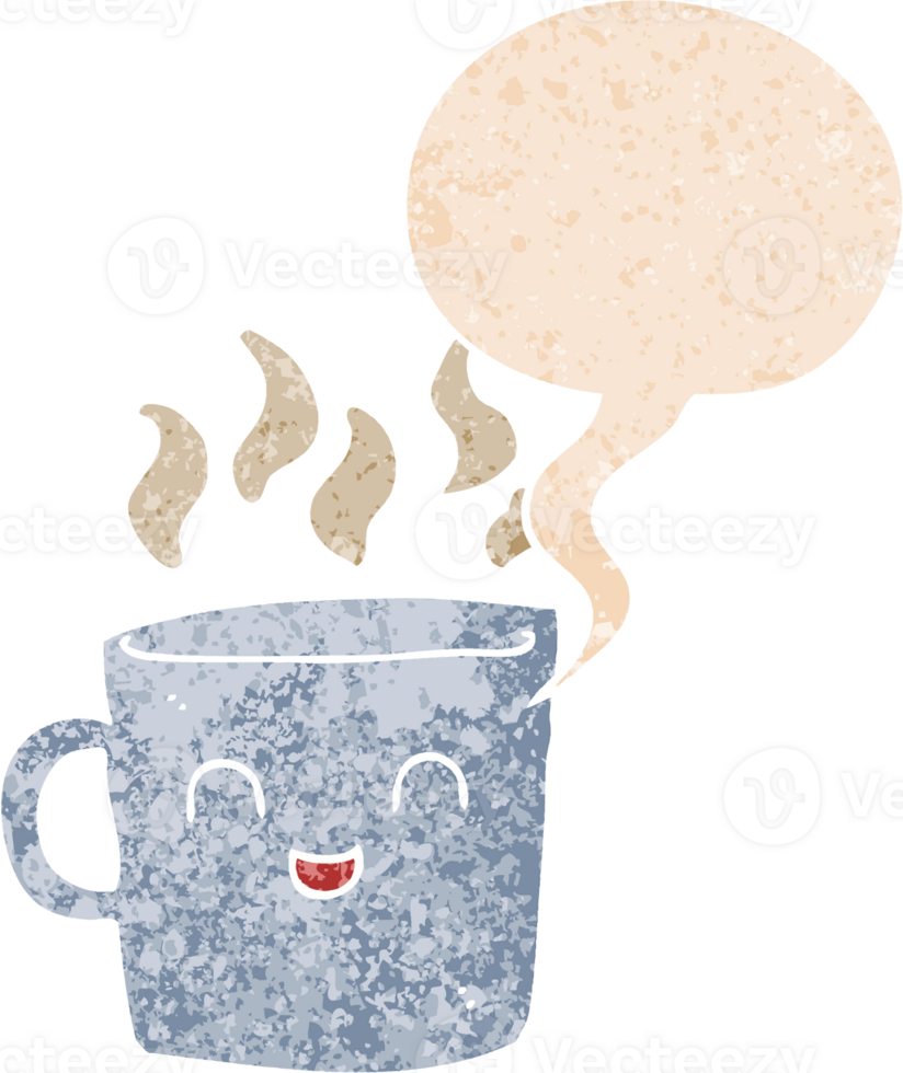 cute coffee cup cartoon with speech bubble in grunge distressed retro textured style png