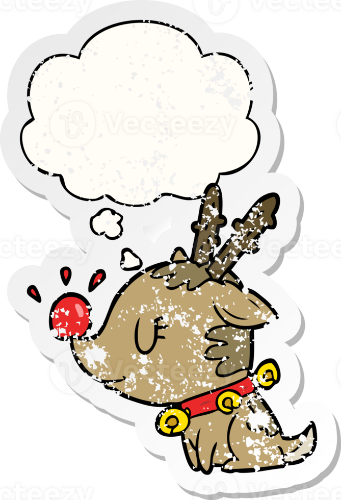 cartoon christmas reindeer with thought bubble as a distressed worn sticker png