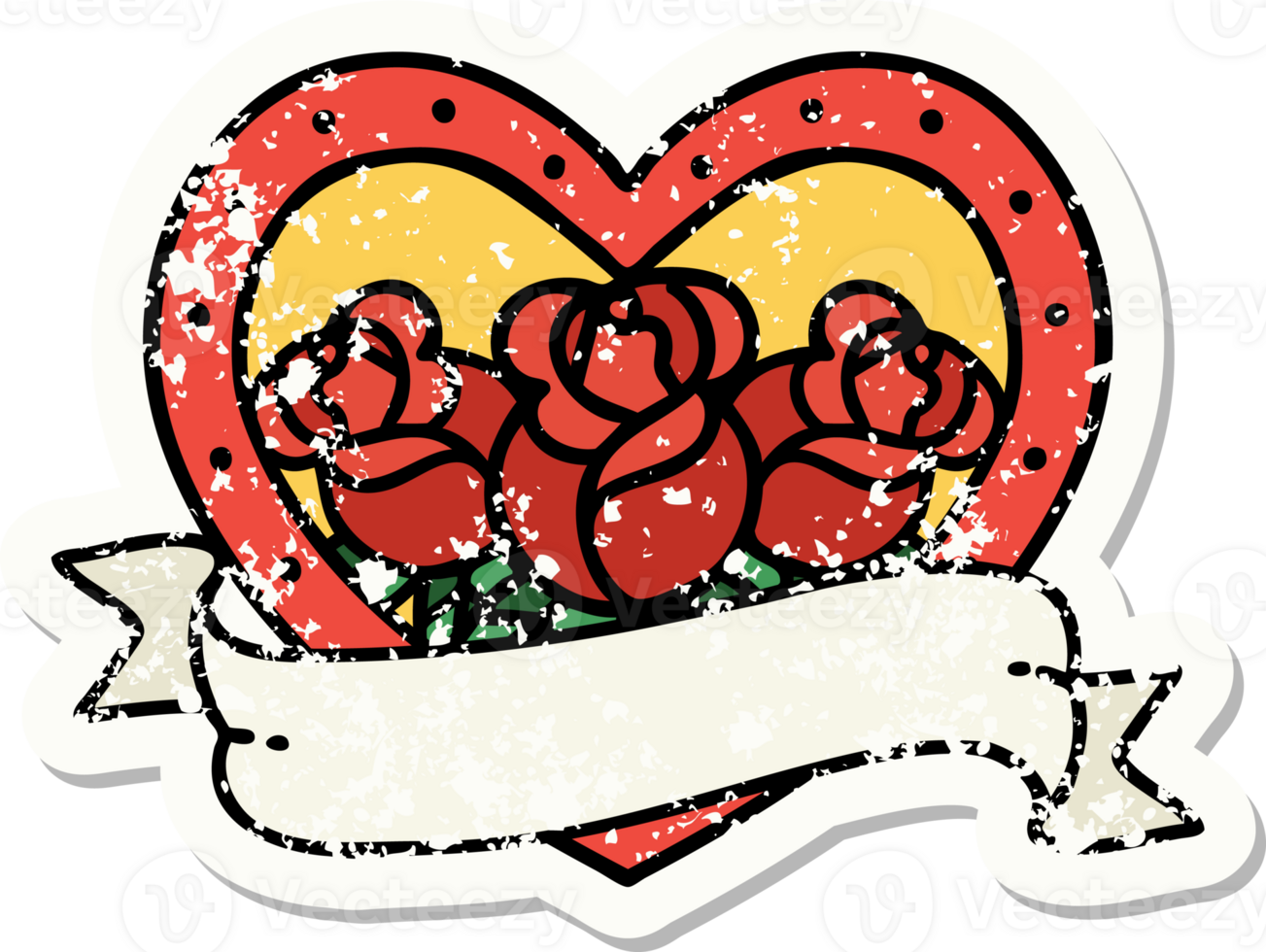 distressed sticker tattoo in traditional style of a heart and banner with flowers png