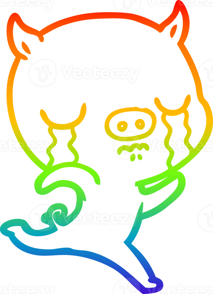 rainbow gradient line drawing of a cartoon running pig crying png