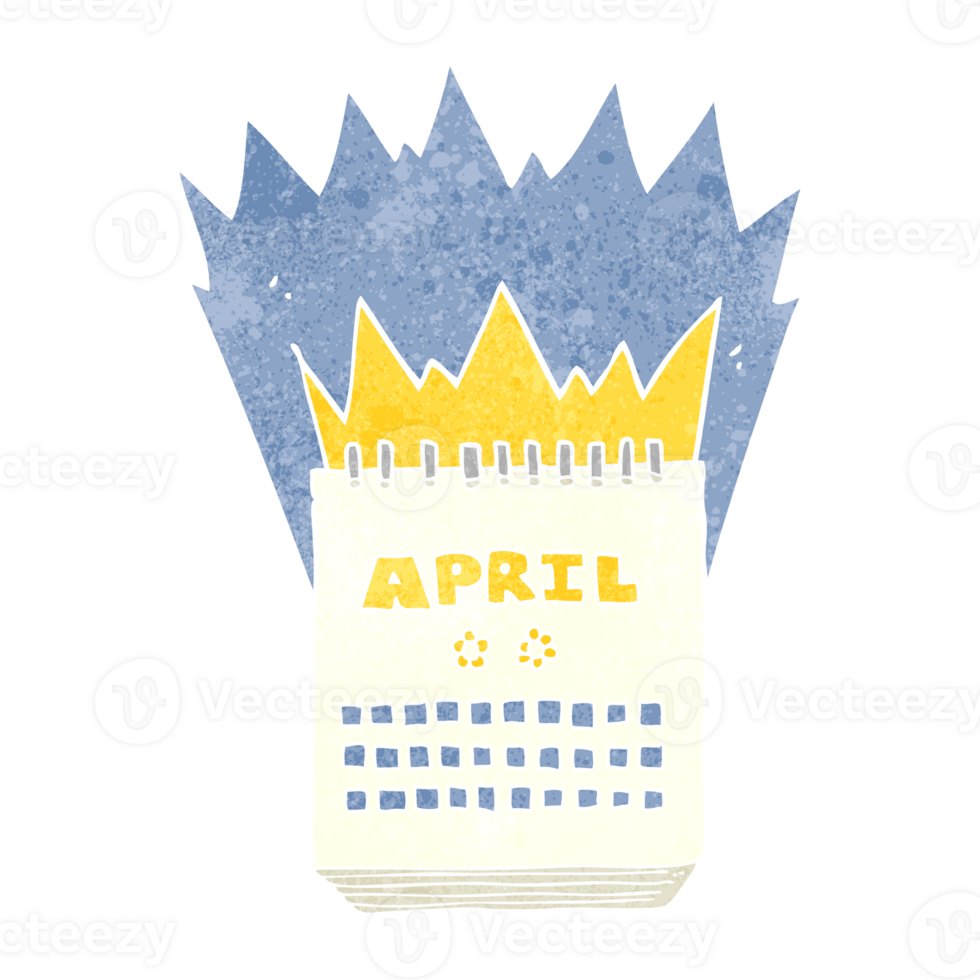 hand retro cartoon calendar showing month of April png