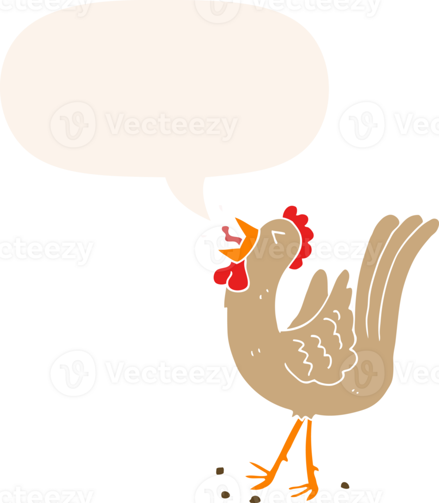 cartoon crowing cockerel with speech bubble in retro style png