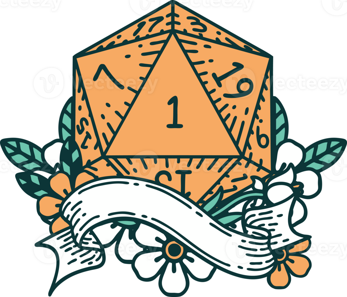 Retro Tattoo Style natural one d20 dice roll png