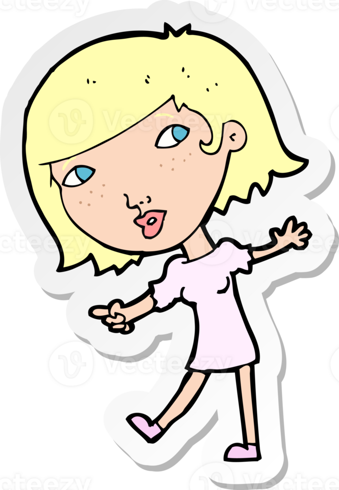 sticker of a cartoon happy girl gesturing to follow png