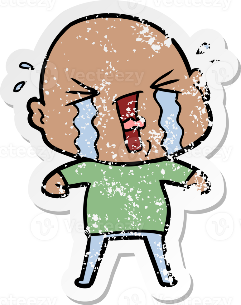 distressed sticker of a cartoon crying bald man png
