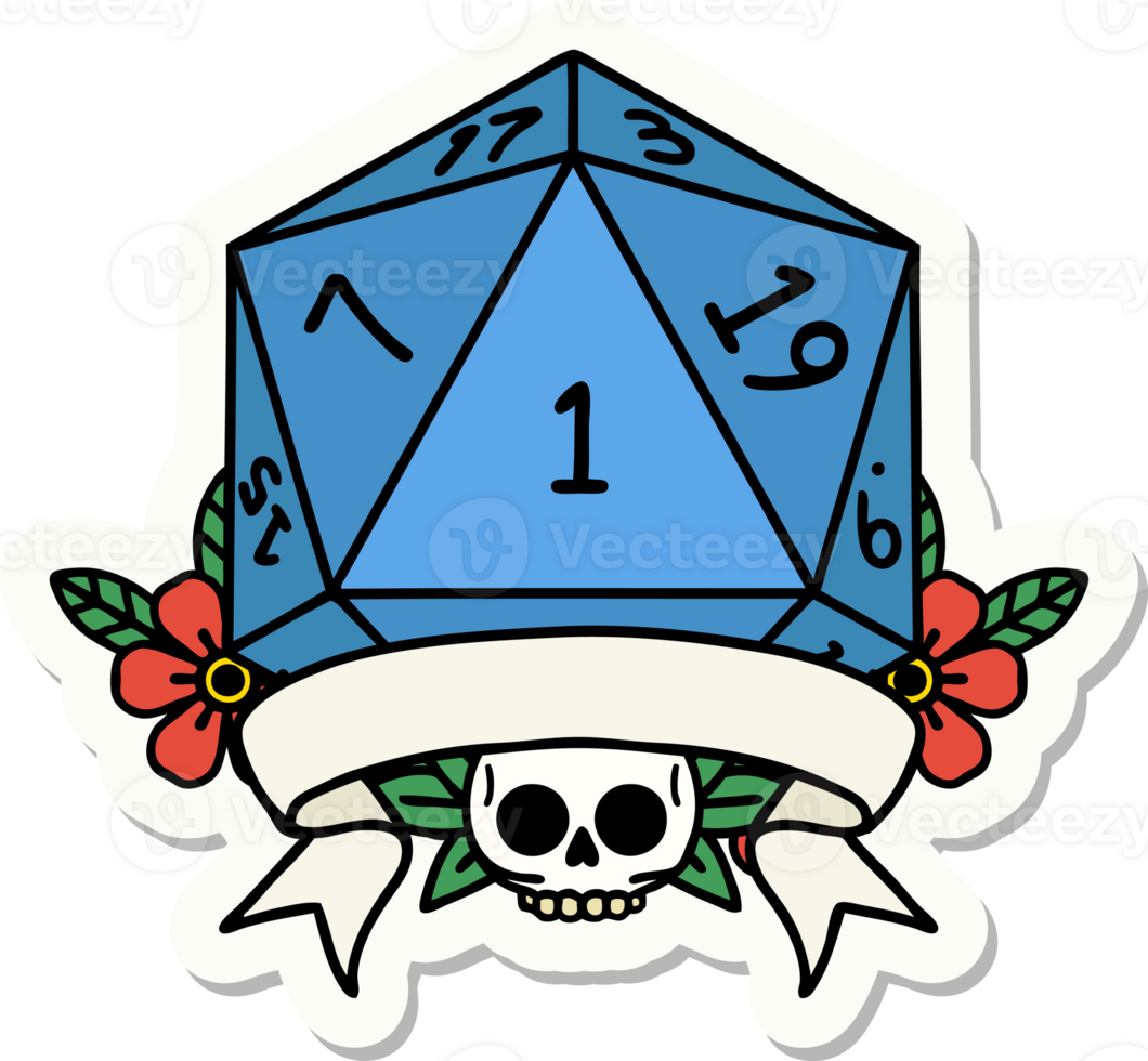 sticker of a natural one d20 dice roll png