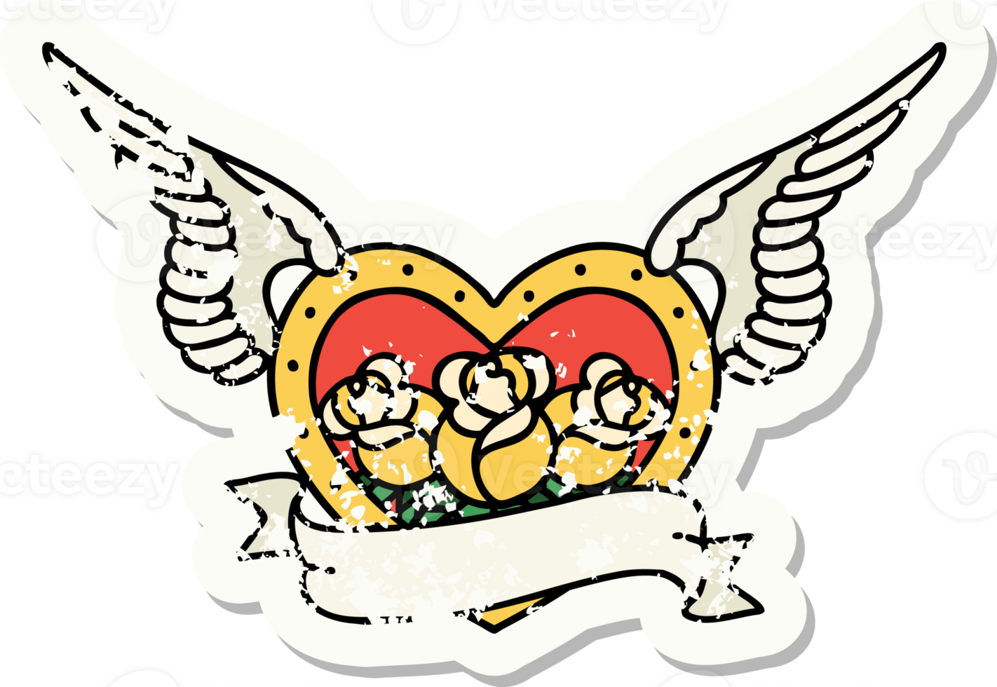 distressed sticker tattoo in traditional style of a flying heart with flowers and banner png