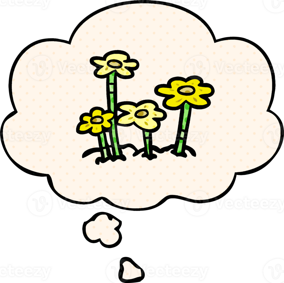 cartoon flowers with thought bubble in comic book style png