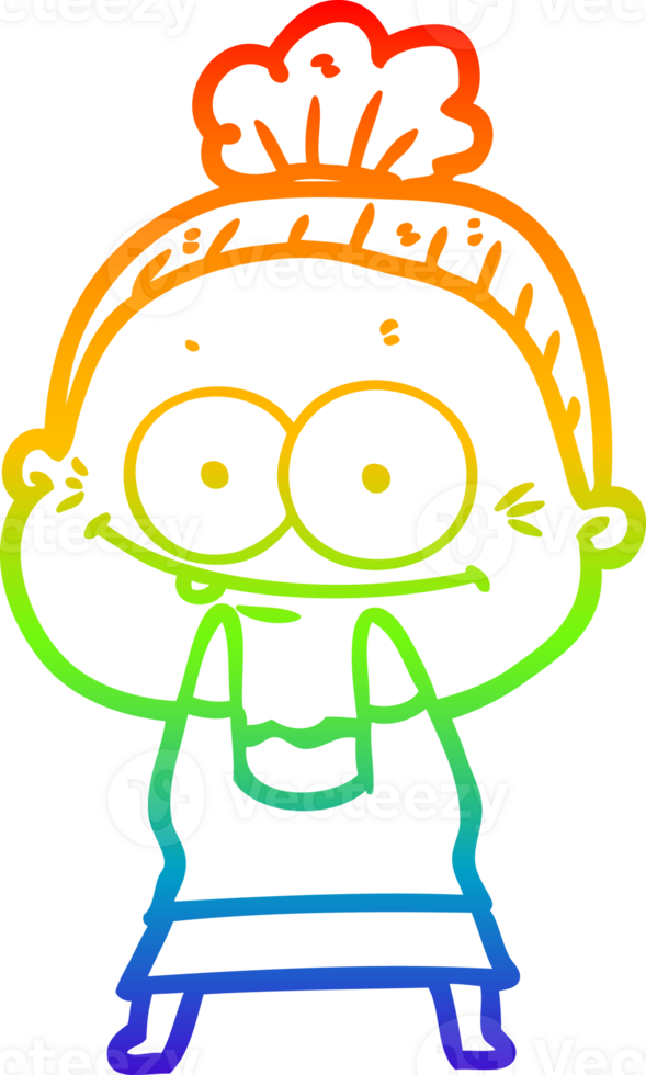 rainbow gradient line drawing of a cartoon happy old woman png
