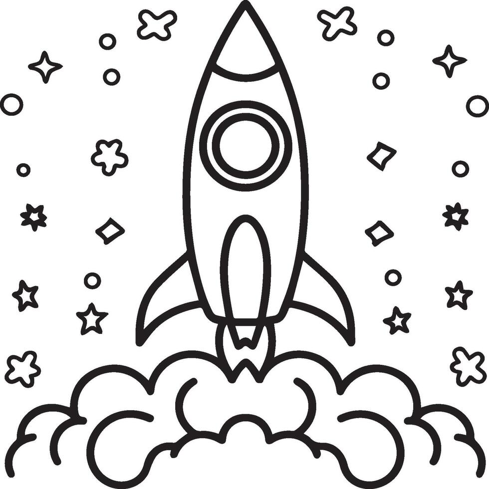 Space rocket in the sky with stars and clouds illustration. Rocket coloring pages. vector