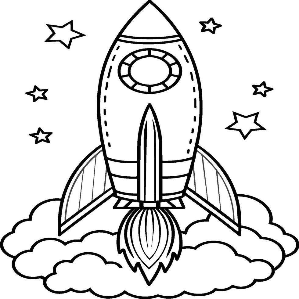 Space rocket in the sky with stars and clouds illustration. Rocket coloring pages. vector