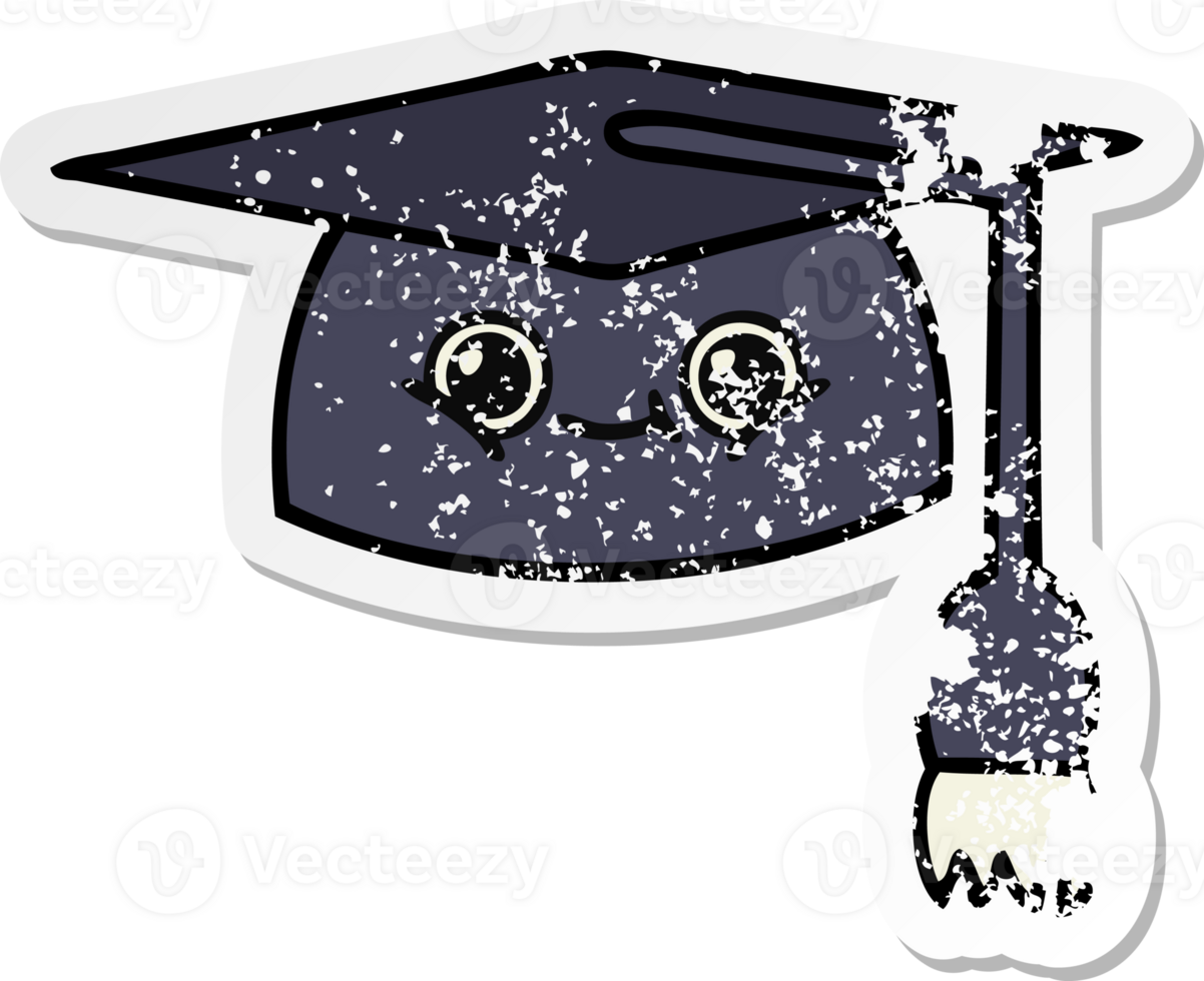 distressed sticker of a cute cartoon graduation hat png