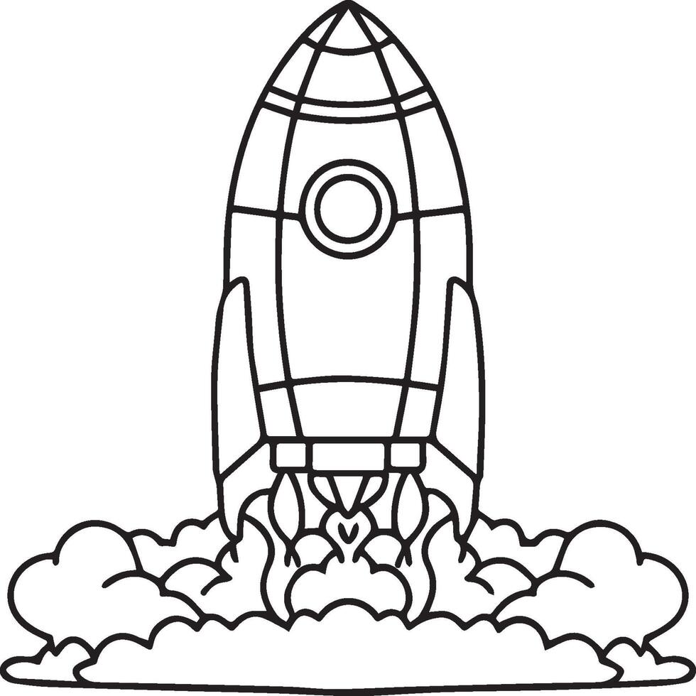 Space rocket in the sky with stars and clouds illustration. Rocket coloring pages. vector