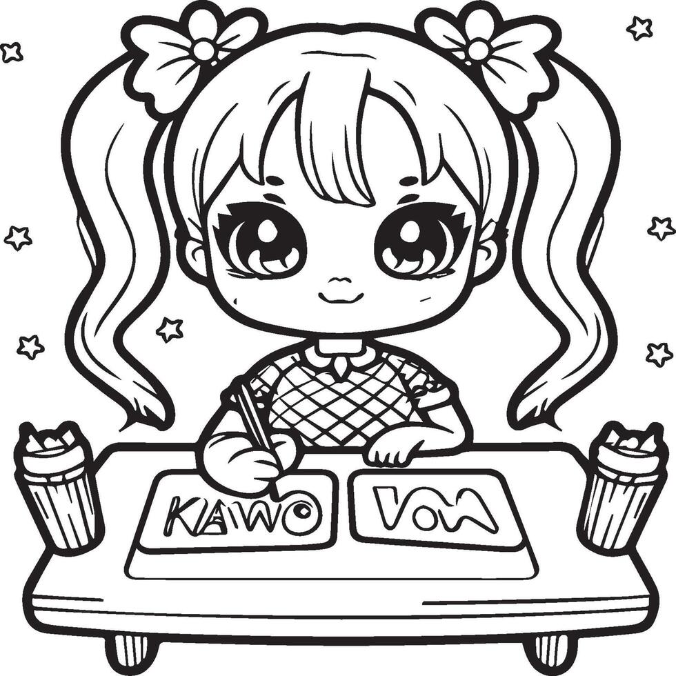 Kawaii girl cartoon coloring pages illustration vector