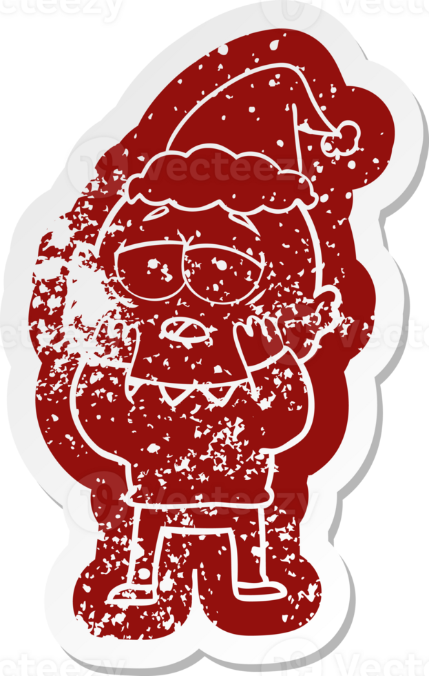quirky cartoon distressed sticker of a tired bald man wearing santa hat png