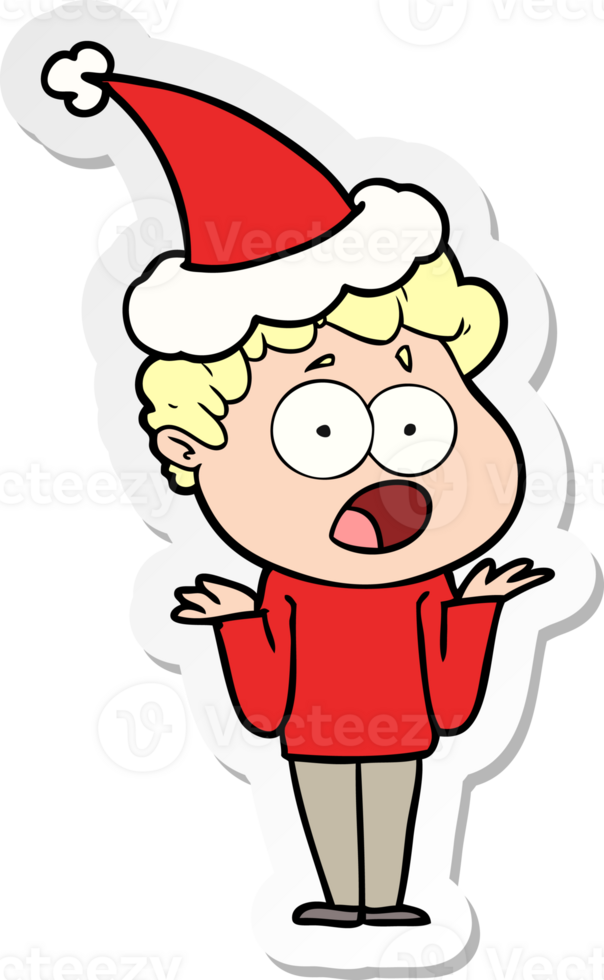 hand drawn sticker cartoon of a man gasping in surprise wearing santa hat png