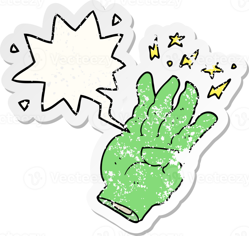 cartoon spooky magic hand with speech bubble distressed distressed old sticker png